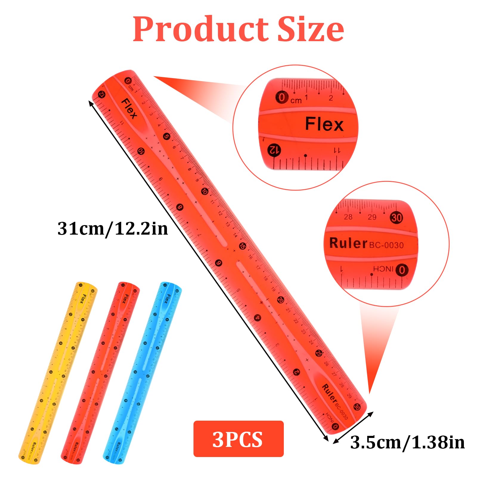 3Pcs Flexible Ruler, 12 Inch Translucent Plastic Rulers Shatterproof Bendy Rulers with Inches and Centimeters Soft Bendable Rulers for Kids Adults Classroom School Home Office (Red Yellow Blue) - Image 2