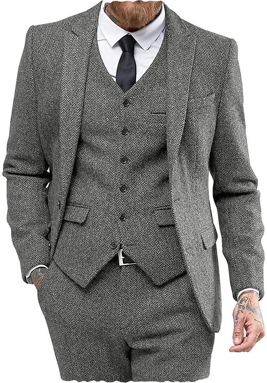 Classic Abiti Da Uomo Vestibilità Regolare 3 Pezzi Lana Tweed Spina Di Pesce Affari Smoking Sposi Sposi Blazer+Gilet Pantaloni