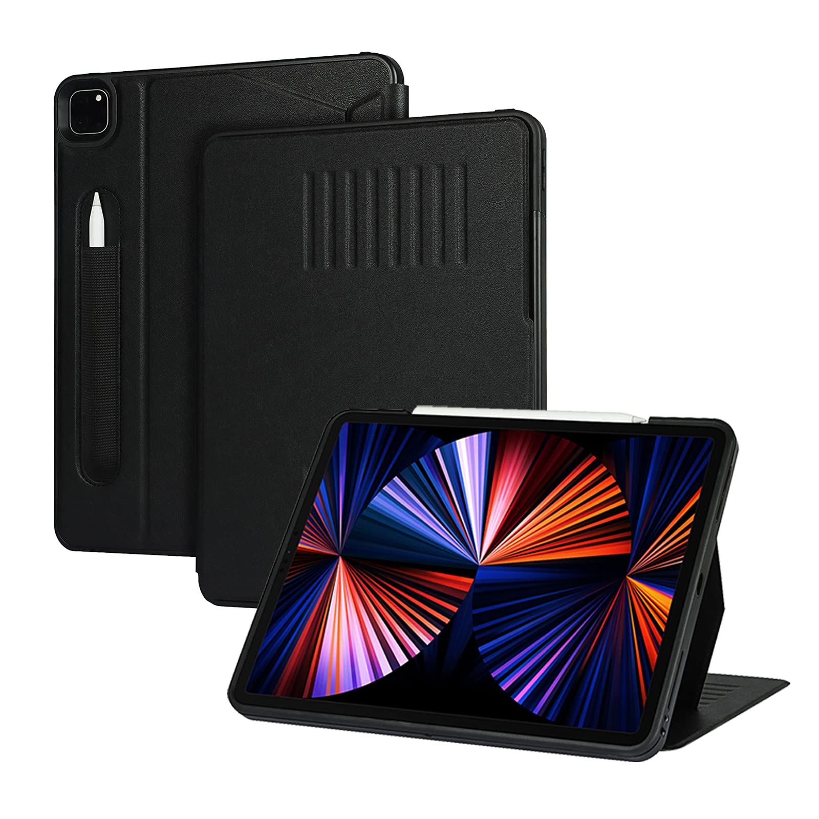 EltekeriPAD Pro 12.9" 2021/2020/2018 Case,[2 in 1 Detachable] [Pencil Holder] [Genuine Leather] [Wireless Charging] [Auto Sleep/Wake] [Magnetic] [Flip Kickstand] [Shockproof] Case for iPAD,Black