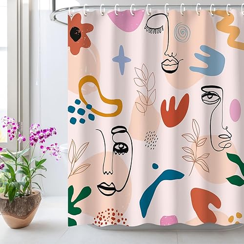 LIVILAN Cortina de ducha abstracta, juego de cortinas de ducha color coral con 12 ganchos, cortina de ducha femenina y estética moderna de terracota