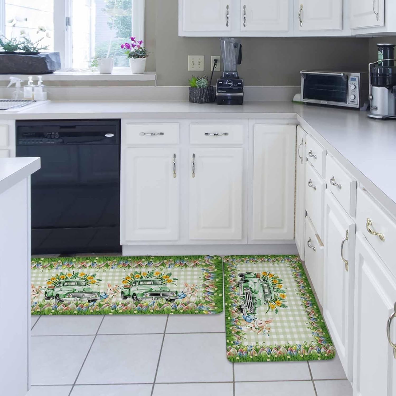 Easter Bunny Kitchen Rugs and Mats Set of 2, Non-Slip Kitchen Sink Mat, Spring Trucks Easter Eggs Floral Green Plaid Washable Doormat Bathroom Rugs Runner for Bedroom 15.7"x23.6"+15.7"x47.2"