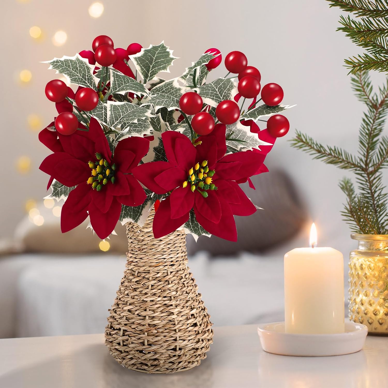 Riceshoot 1 Set Poinsettia Flowers Artificial 12.2" Christmas Potted Plant Holly Berries Christmas Table Centerpiece Xmas Tabletop Ornament Farmhouse Handmade Rattan Woven Vase Basket Decor