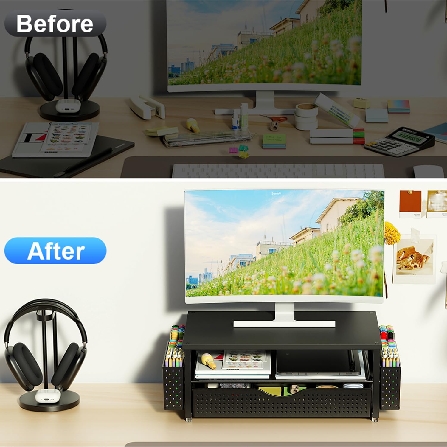 Organizador de escritorio y accesorios, soporte elevador para monitor de computadora con cajón y 2 soportes para bolígrafos, accesorios de escritorio de oficina y organizadores de espacio de trabajo 2