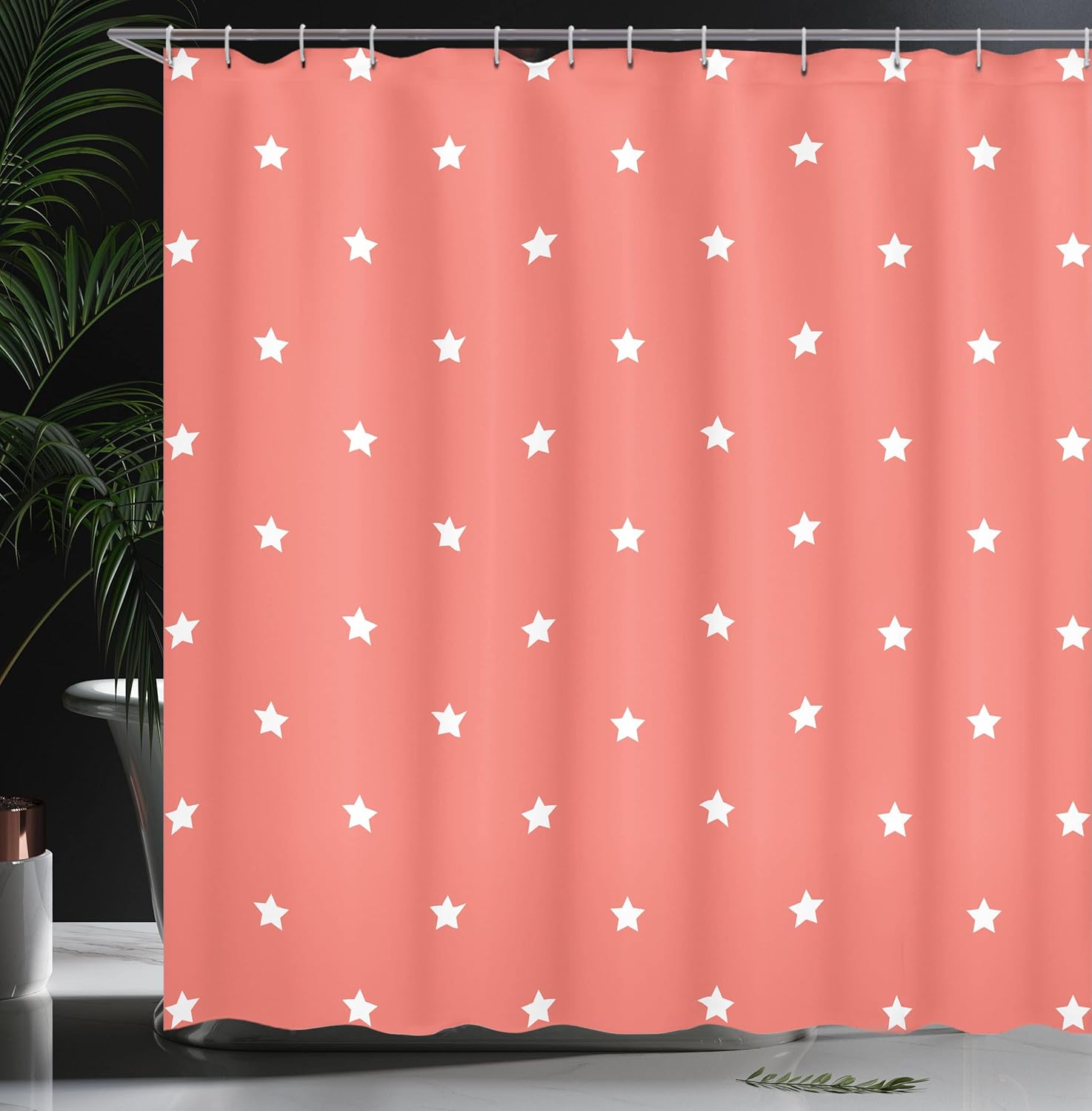 Ambesonne Coral Shower Curtain, Minimalist Neat Star on Empty Outer Space Elements Themed Greeting Design Image, Cloth Fabric Bathroom Decor Set with Hooks, 69" W x 75" L, Coral White