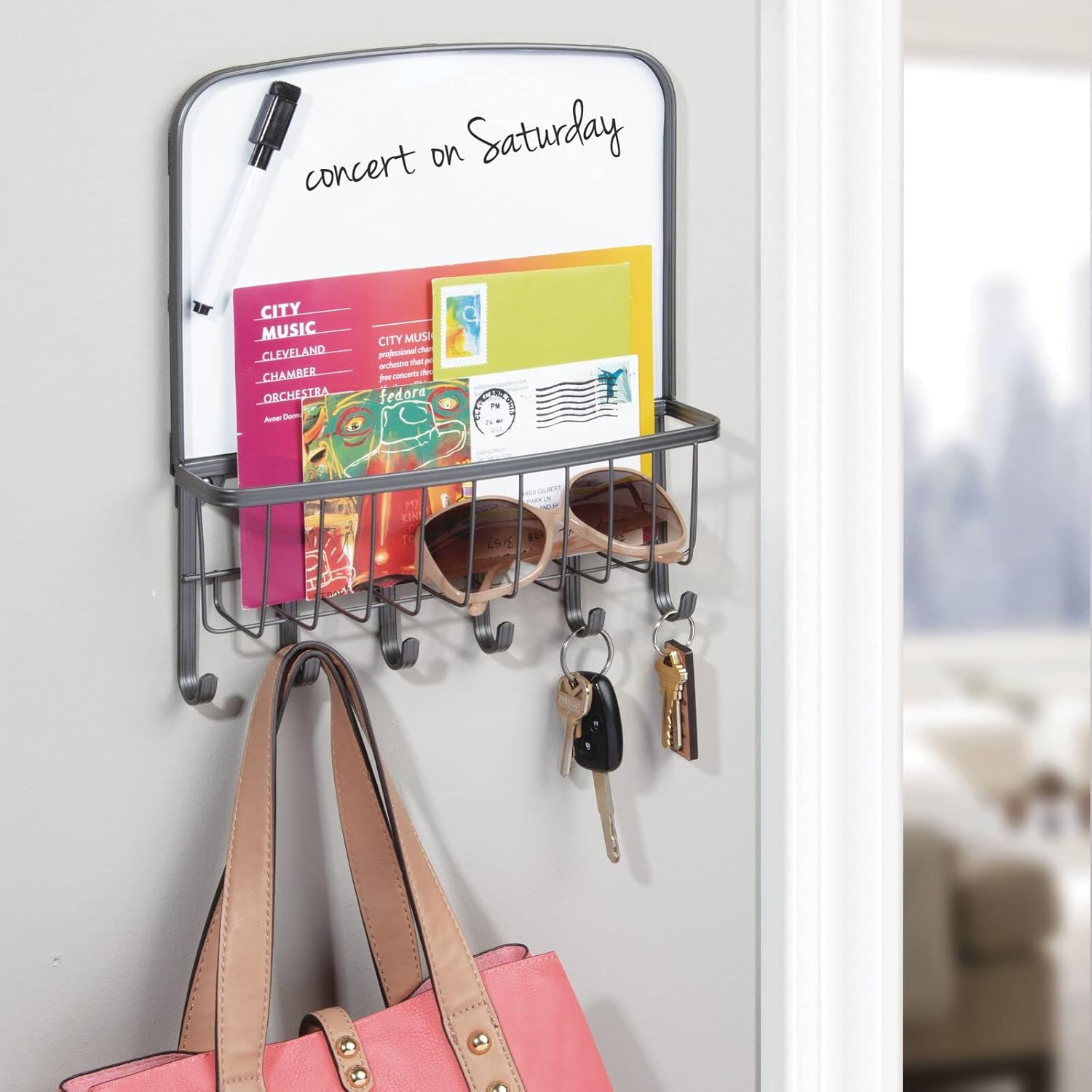 mDesign Metal Wall Mount Entryway, Office Storage Organizer Mail Basket with Dry Erase Board, 6 Hooks - Holds Letters, Magazines, Keys, Coats, Leashes - Strong Steel Wire Design - Graphite Gray
