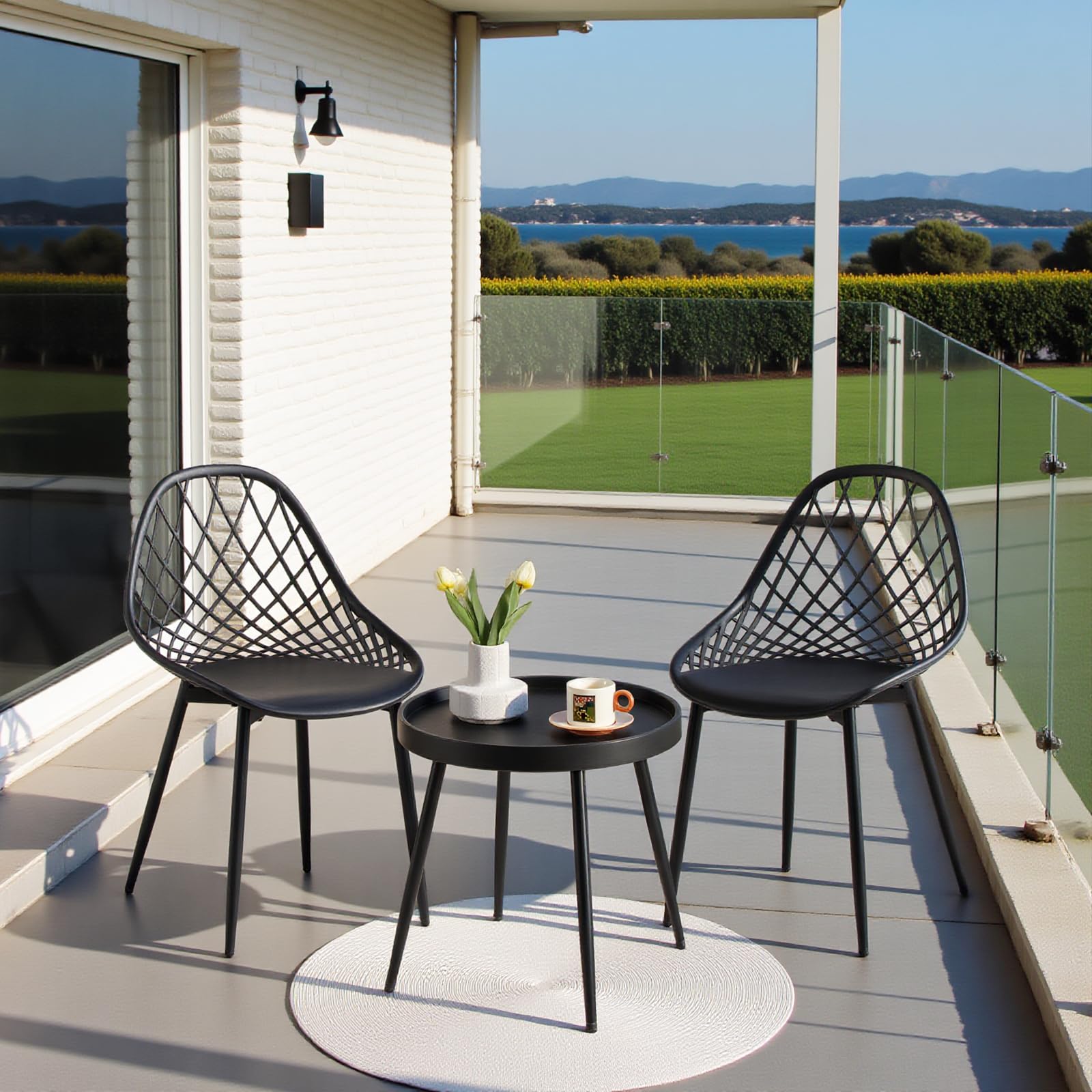 Set di 2 sedie da giardino in metallo, set da 2 sedie da bistrot per esterni, ergonomiche, adatte per interni ed esterni, colore: nero, 2 sedie + 1 tavolino da caffè