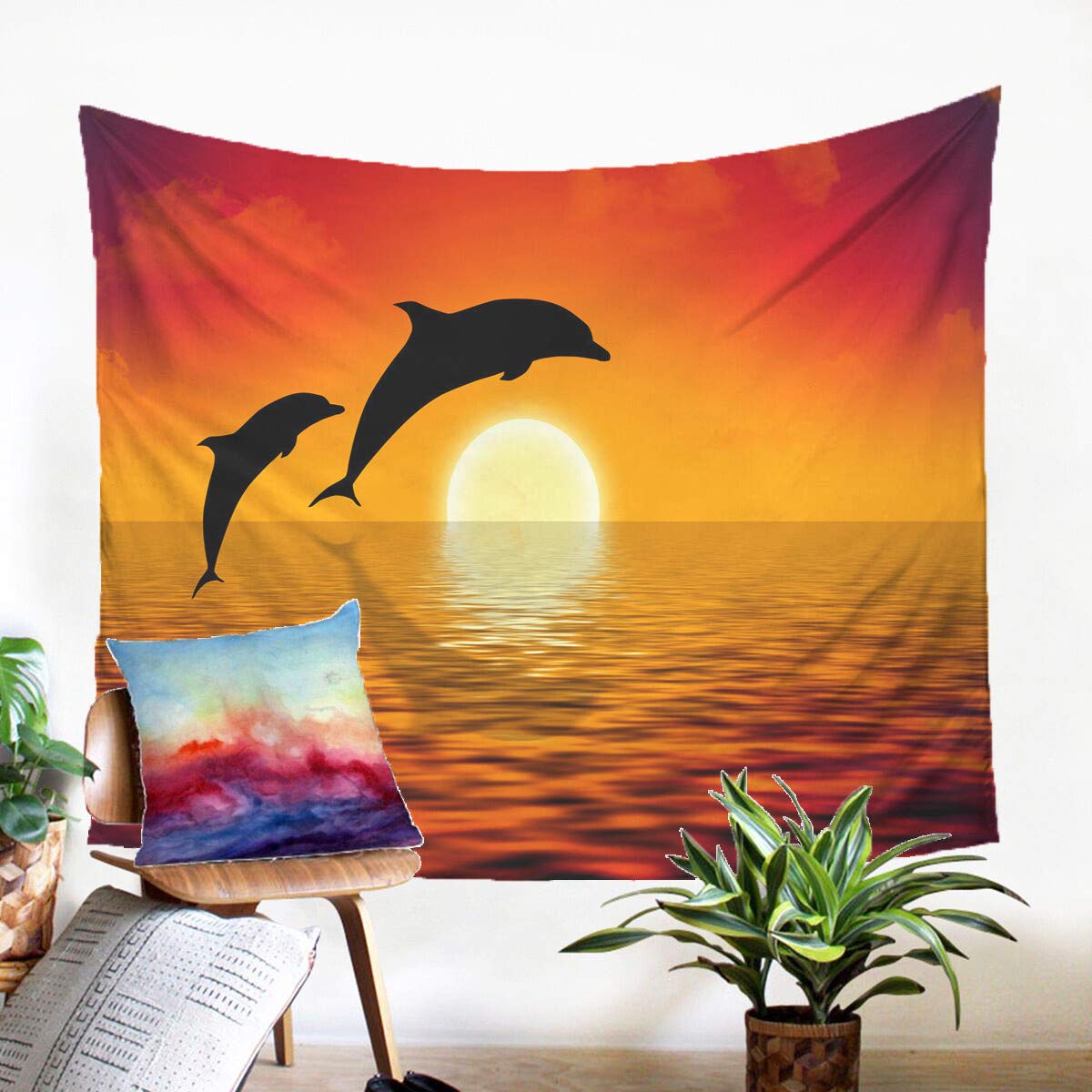 Odot Dolphin Printing Tapestry Wall Hanging, Wall Art Tapestries Decor Beach Towel Blanket Table Cloth Yoga Mat Rugs Bedsheet for Dorm Home Decor (90x64cm,F)