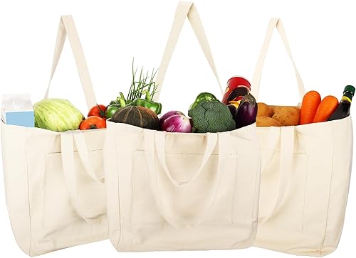 Miniatura 3 de Bolsas de lona de lujo para comestibles espaciosas y elegantes, algodón de 12 onzas con diseño de doble correa, 6+2 bolsillos, lavables  Bolsas