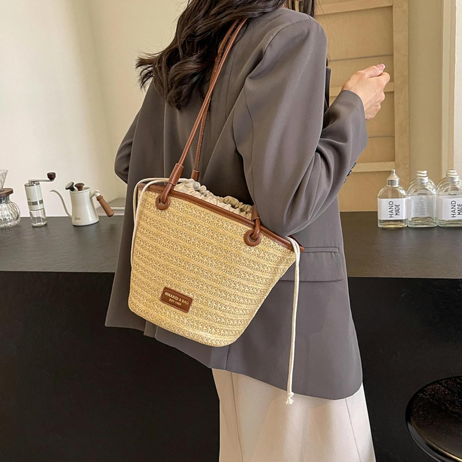 Strohtasche, große handgefertigte Stroh-Geldbörsen für Damen, Stroh-Hobo-Tasche, gewebte Umhängetasche, große Tragetaschen, Sommer-Reise-Strand-Handtasche, Schwarz, Braun, A