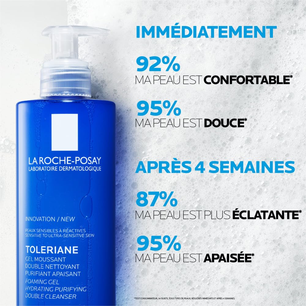 La Roche-Posay, Toleriane, Gel Moussant Purifiant, Nettoie Apaise et Démaquille, Adapté aux Peaux Sensibles à Réactives, Sans Parfum, Composition Hypoallergénique et Non Comédogène, 400 ml
