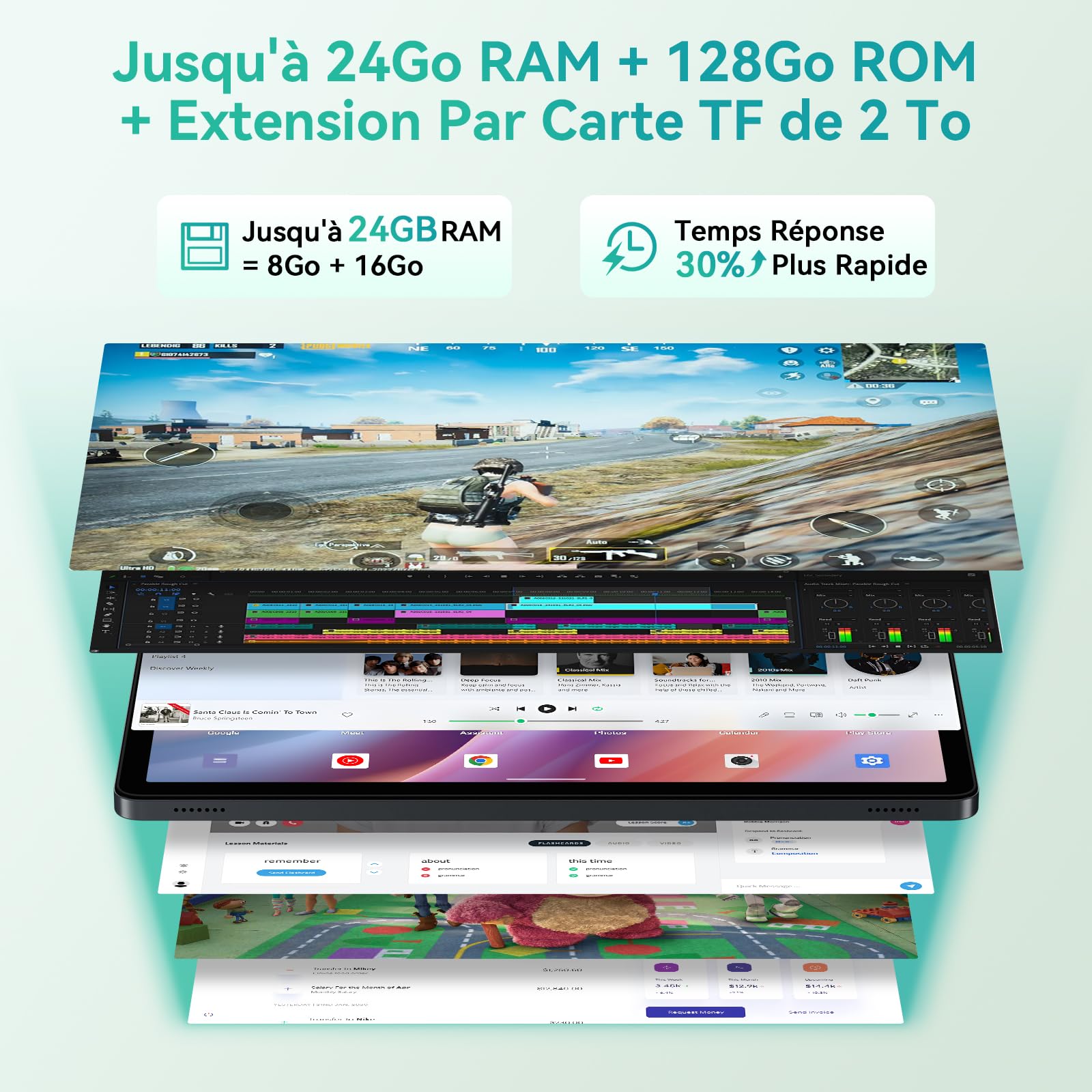 Tablette Android 16 11 Pouces FHD 24Go RAM 128Go ROM 2To TF Gemini AI 3.5 Clavier Souris Stylet 2 en 1 Batterie 8000mAh Gris