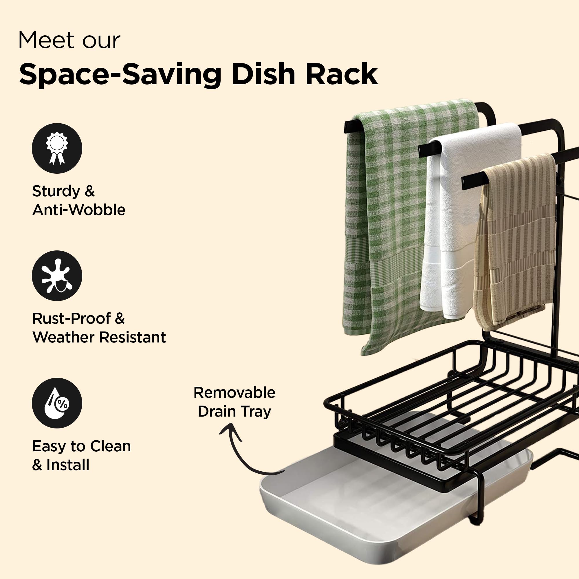 UMAI Three-Bar Kitchen Rag Rack with Drain Tray | Wall-Mounted or Countertop | Space Saving, Multifunctional, Adjustable, Durable, and Clean (Black) - Image 2 thumbnail