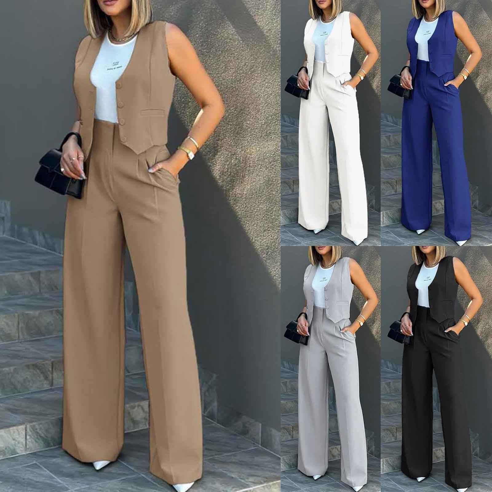 Tailleur Donna Eleganti Pantaloni e Gilet Curvy Completo Blazer a Senza Maniche 2 Pezzi Tuta in Vita Alta Set di Abiti in Tinta Unita Pantalone Due Pezzi Suit