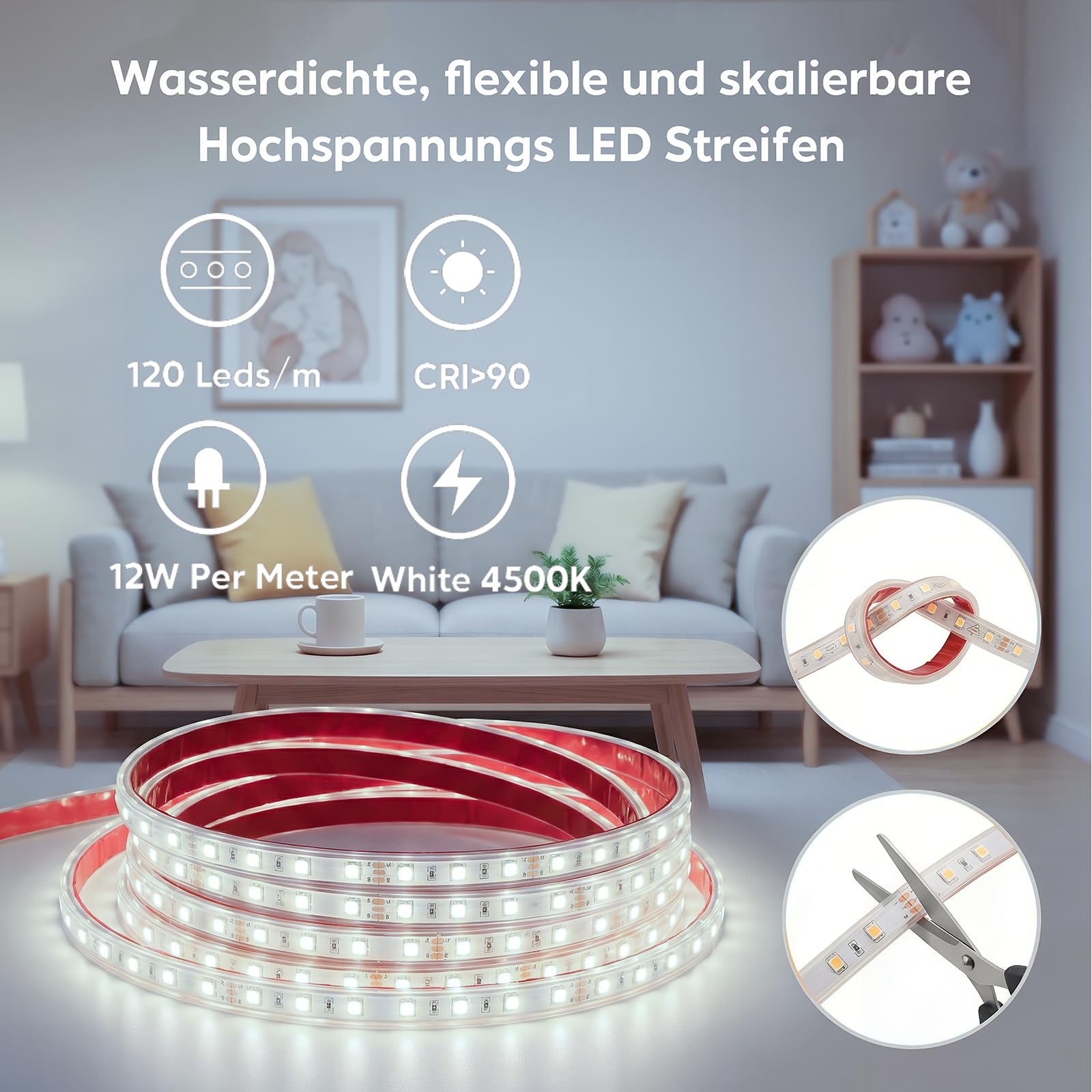 Biała taśma LED, wodoszczelna, 5 m, 220 V, 120 diod LED / M 4000 K, do użytku na zewnątrz, elastyczna taśma LED z przełącznikiem, do ogrodu, patio, dekoracji wewnątrz i na zewnątrz
