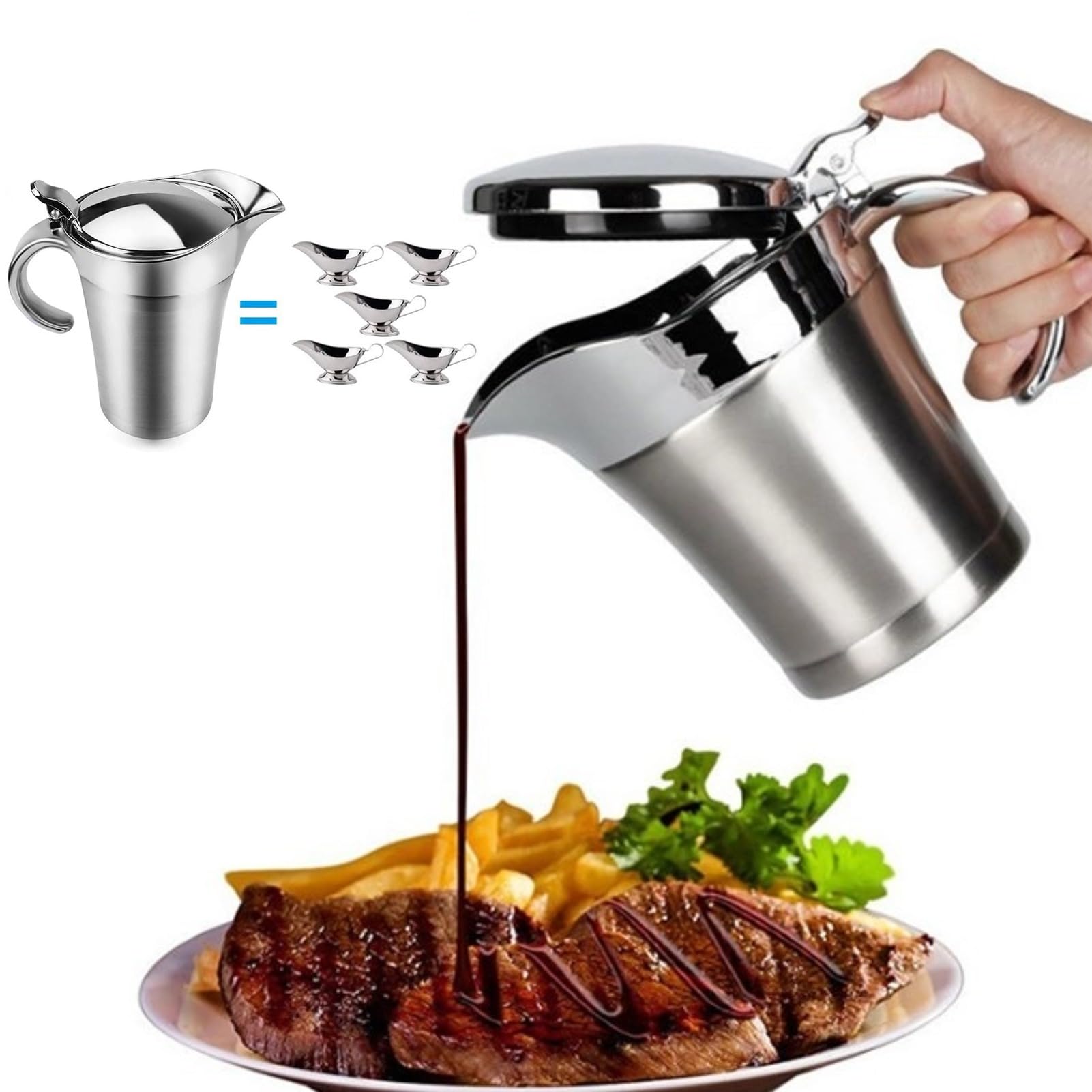 Salsiera in Acciaio Inox con Isolamento Termico a Doppia Parete Salsa Salsiera Tavolo da Pranzo Caraffa con Coperchio Salsa Ideale Pentola per Sugo, Panna, Crema Pasticcera(Small 450ml)