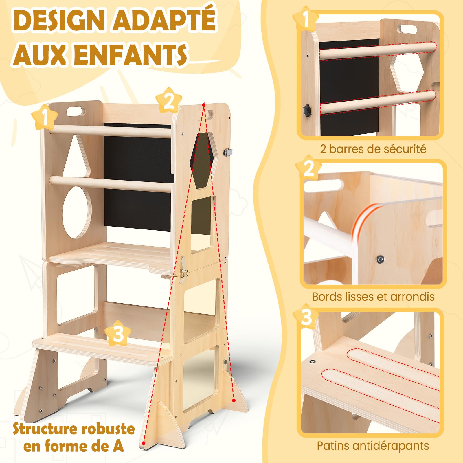 Woodure 3 in 1 Lernturm für Kinder ab 1 Jahr | Klappbare Trittleiter mit Tafel | Ideal für Küche, Tisch und Bad
