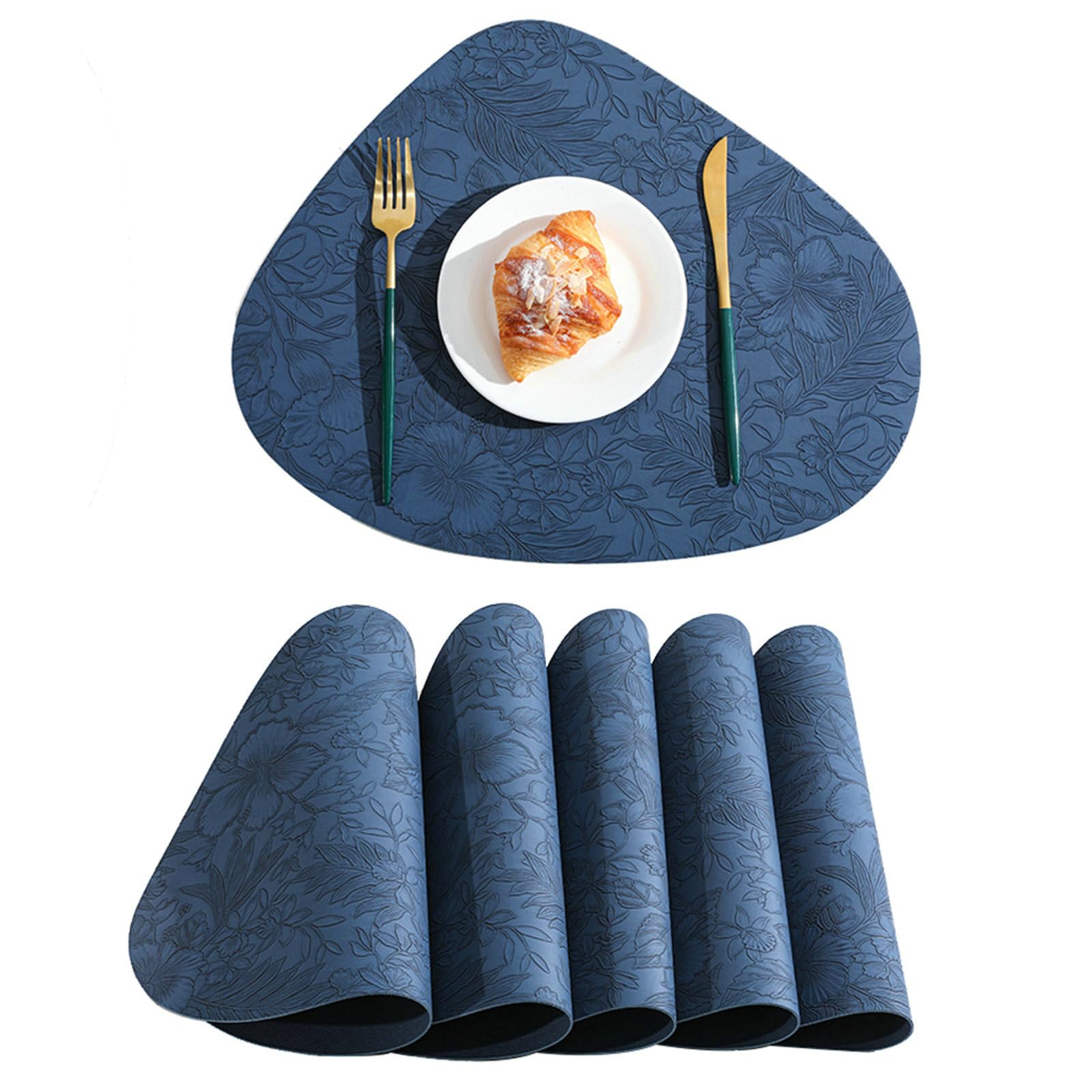 Juego de 10 manteles individuales resistentes al calor, triangulares azul oscuro con patrón de flores, para cocina, comedor, restaurante, manteles individuales para mesa, 34 x 42 cm