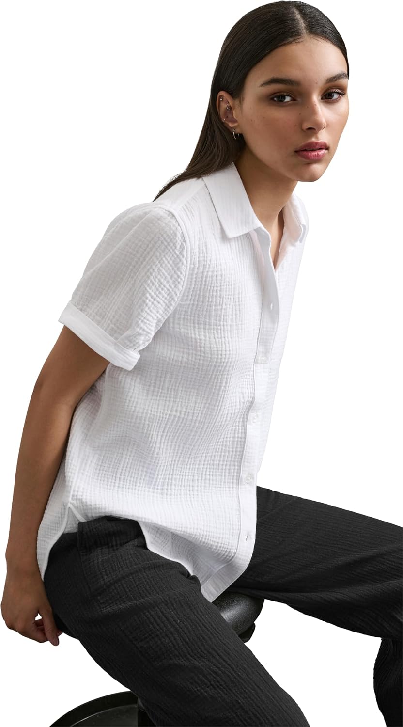 DKNY Women's Double Crepe Gauze Rolled Short Sleeve Button Front Shirt