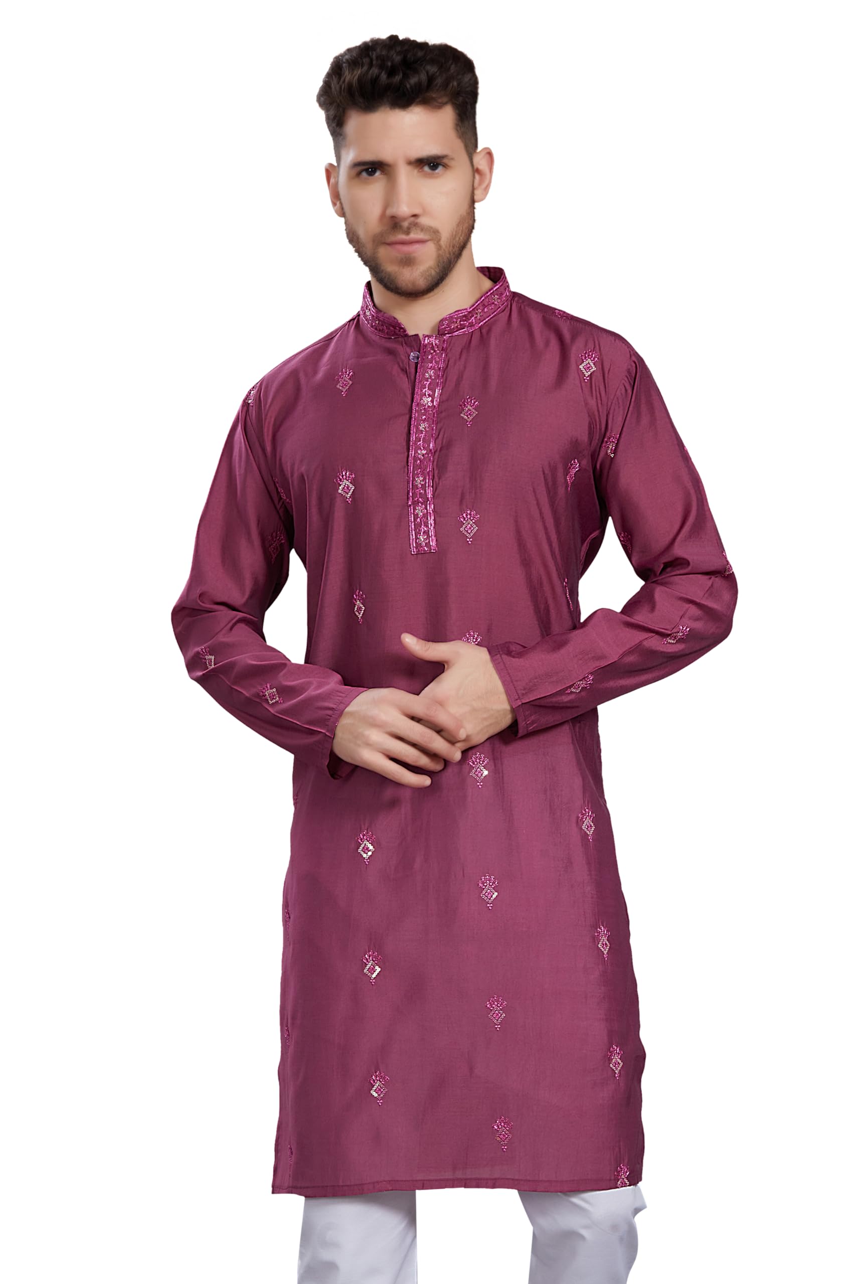 Divisive Men's Embroidered Silk Blend Only Slim Fit Kurta (Dkrt830_Xxl_Wine)
