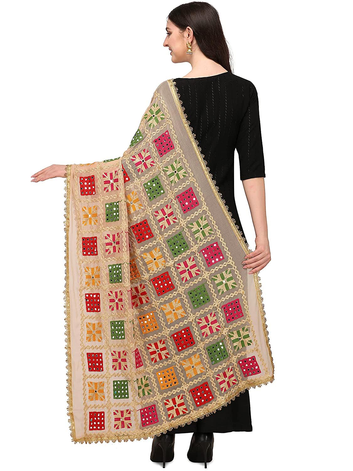 themilestocks TMS Woman's Embroidered Chiffon Dupatta Scarf Shawl Wrap Soft Indian Bridal Wedding Phulkari Stole (Beige)