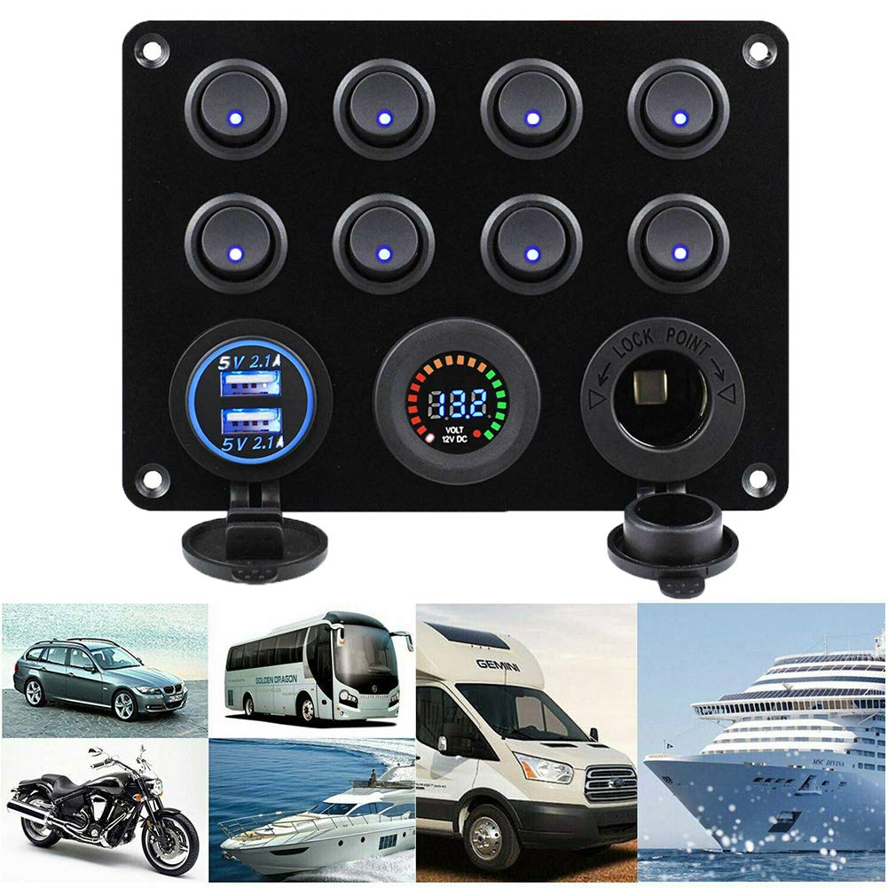 Pannello Interruttori 8 Gang con 2 USB e Voltmetro Controllo LED Rocker IP68 Impermeabile 12V / 24V per Auto, Barca e Marina