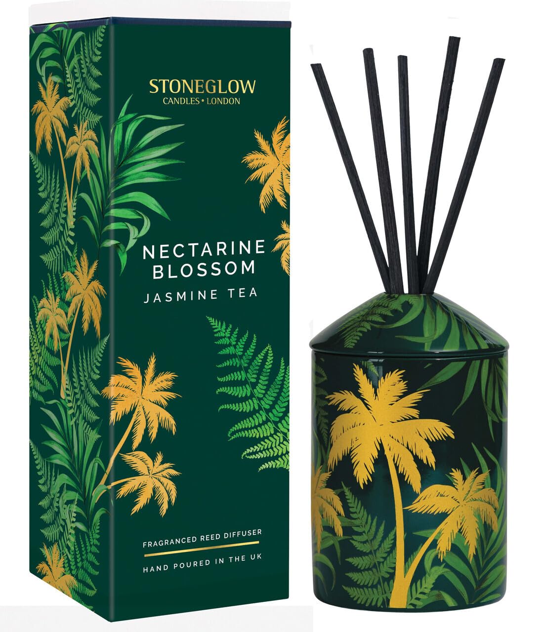 Stoneglow Dark Green With Leafs Urban Botanics Nectarine Blossom & Jasmine Tea Ceramic Scented Reed Diffuser 200Ml - Orange Zest, Vanilla & Cedarwood Notes, Lasts 16 Weeks, 10 Reed Diffuser Sticks, Refillable Air Freshener