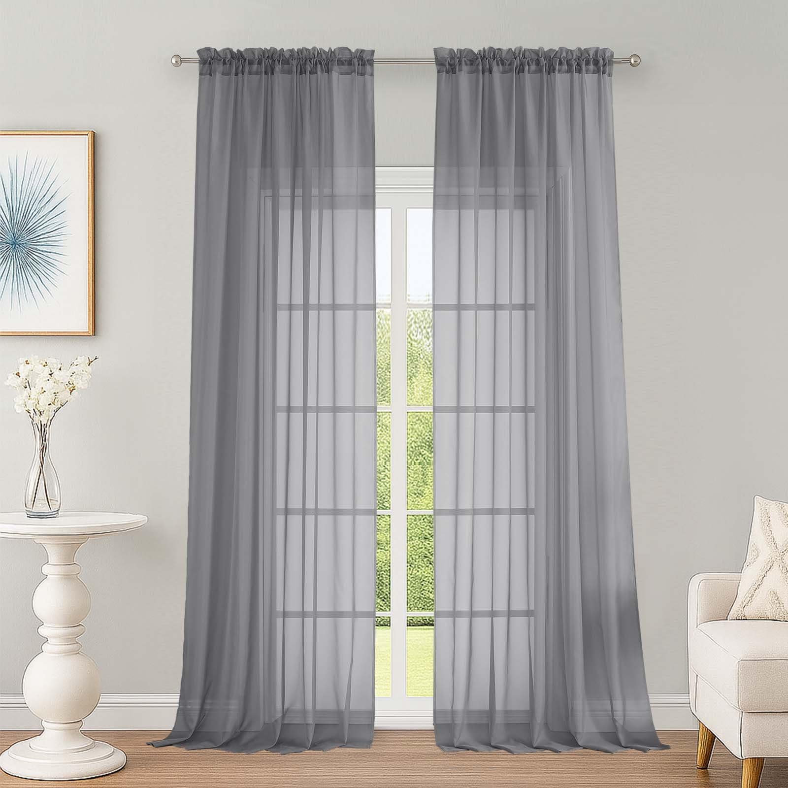 OWENIE Grey Sheer Curtains 96 inch Length 2 Panels Set, Rod Pocket Voile Fimly Sheer Drapes for Living Room/Bedroom, 2pcs, Each 52" W x 96" L