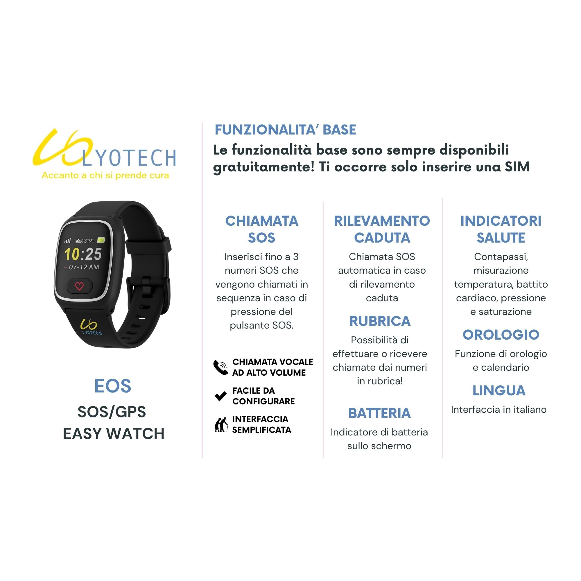 EOS Orologio SOS 4G con Chiamate | Localizzazione GPS | Rilevazione Caduta | Battito, Pressione, SpO2, Contapassi | Rubrica e Chiamate Autorizzate | App BRIDGe (opzionale) | Per anziani