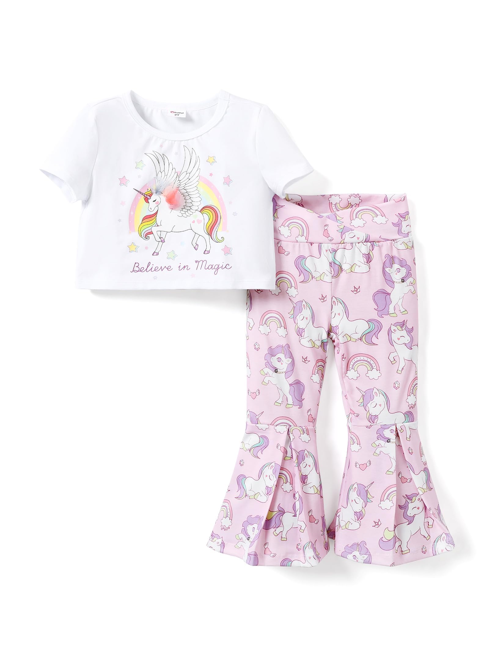 PATPAT Set di Abbigliamento per Ragazze, Pantaloni della Tuta Casual e Pantaloni a Campana, Vestiti Bambina di T-shirt Estive a Maniche Corte per Bambini, Regalo Estivo 3-12 Anni Coordinati 3 Colori