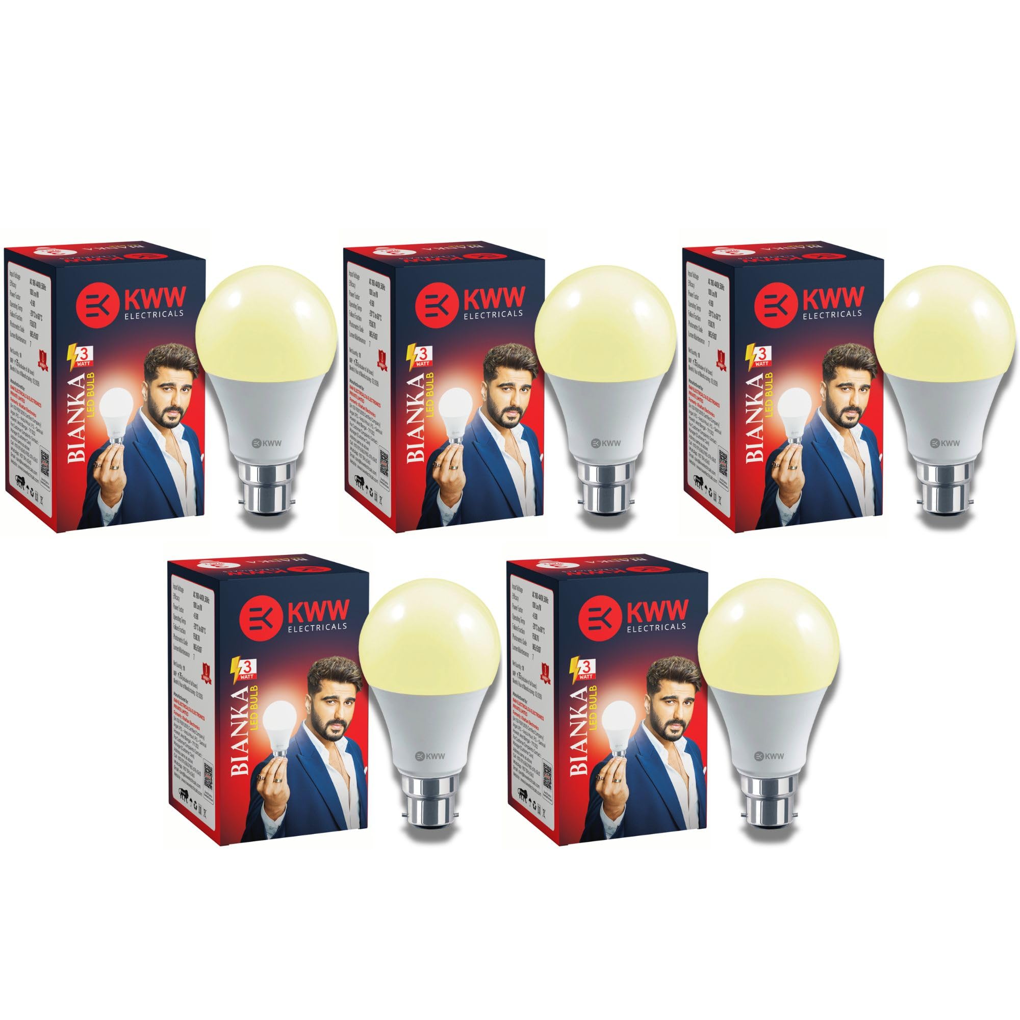 KWW 3W B22 Warm White (Yellow) LED Bulb, Pack of 5 | Energy-Efficient LED Lighting | Low Power Consumption | Low Electricity Bill | LED Bulb for Bedroom, Home, Kitchen, Bathroom, Washroom, Office
