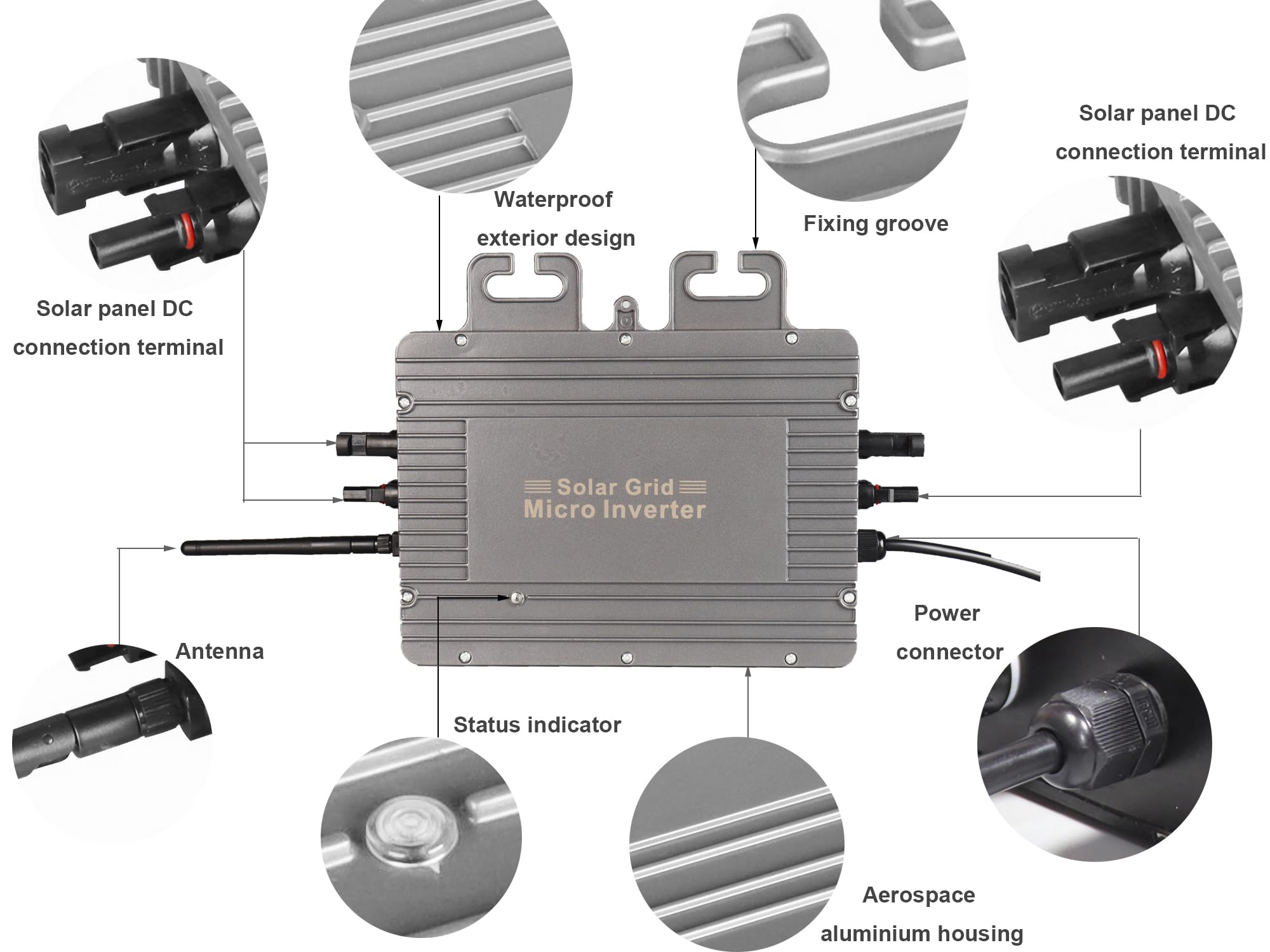 SolaMr Grid Connect Wechselrichter 800W 120V/230V Auto Output Voltage MPPT Grid Connected IP65 mit WiFi und Mobile Phone APP Überwachung für kleine Solaranlagen-MI-Y800W