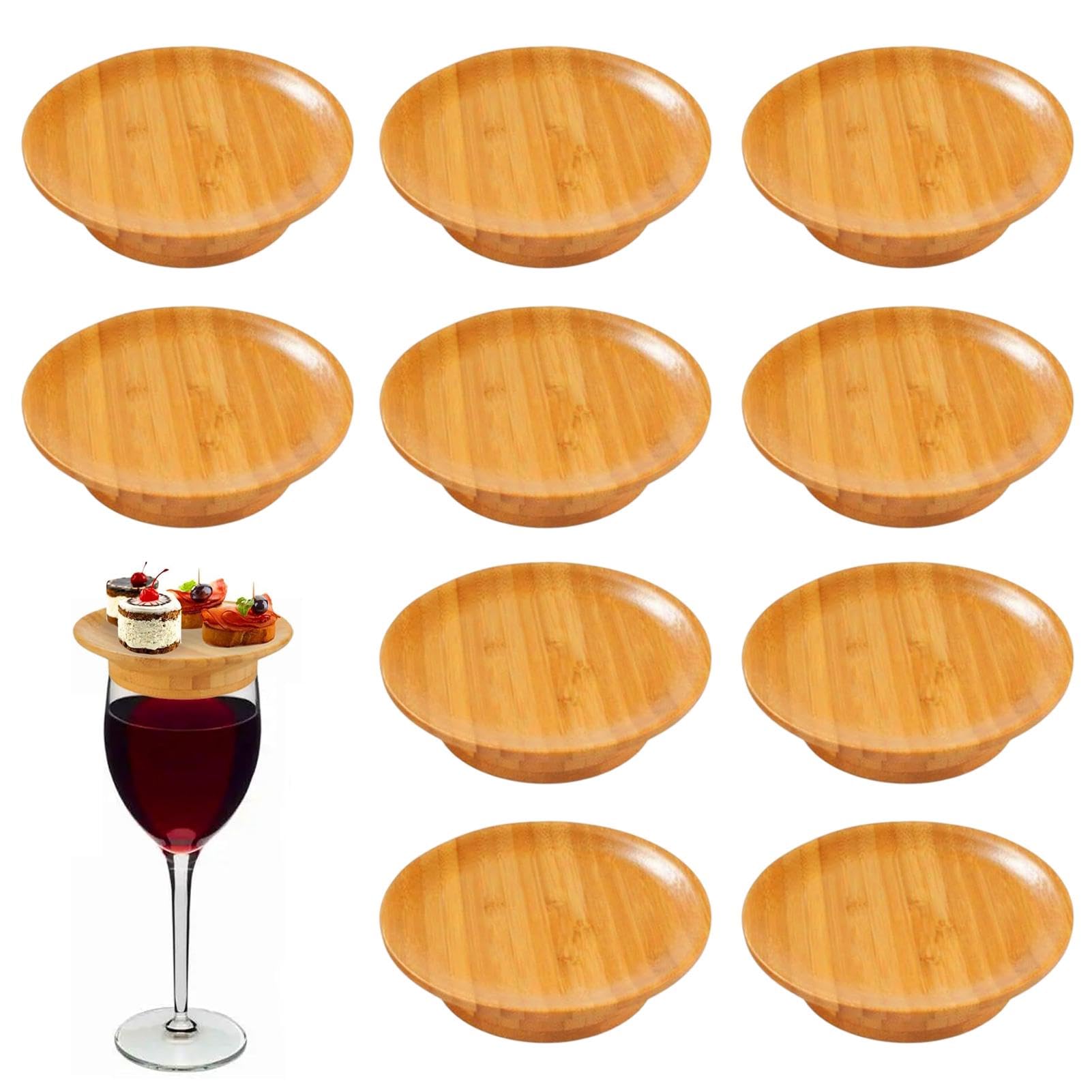 10 Stück Weinglas Topper Holz - Bambus Wine Glass Charcuterie Topper, Board Topper Holz Rund, Vorspeisenteller Weinglas Aufsatz, für Vorspeisenteller, Partys, Desserts