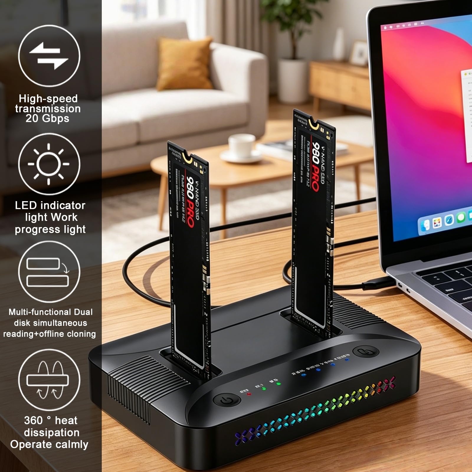 M.2 NVMe SATA SSD Clone Dock, USB 3.2 Gen 2x2 20Gbps Dual Bay M2 NVMe SSD Case Docking Station Reader Duplicator con Clonazione Offline Hard Disk Docking Station Clone Station per 2230/2242/2260/2280