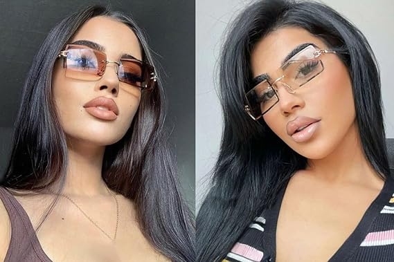 SORVINO Rimless Rectangle Sunglasses for Women Men Blue Tinted Lens