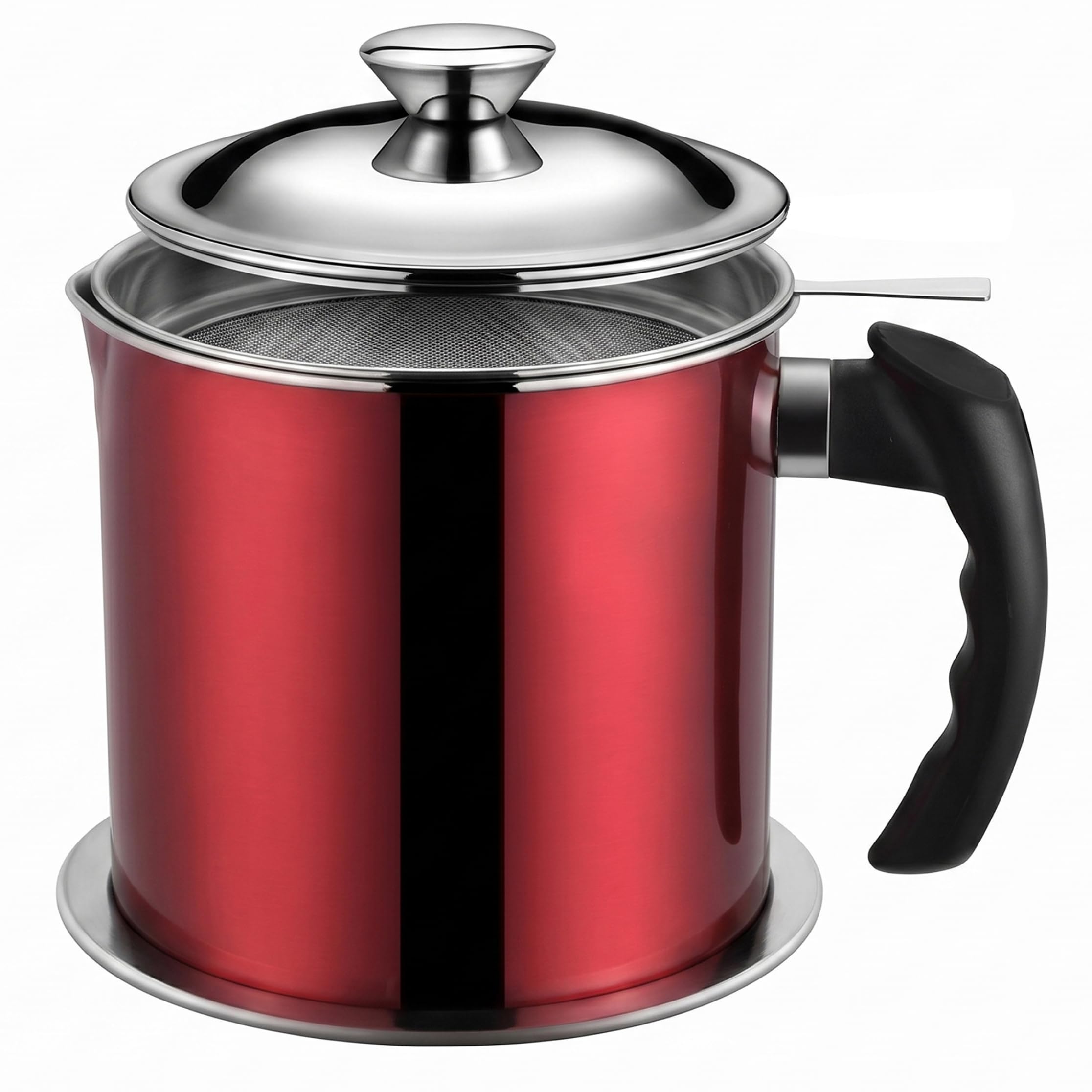 Xoeryoy Bacon Grease Container With Strainer, 1.3L Cooking Oil Container, Stainless Steel Kitchen Grease Separator With Heat-resistant Handle & Lid, Red