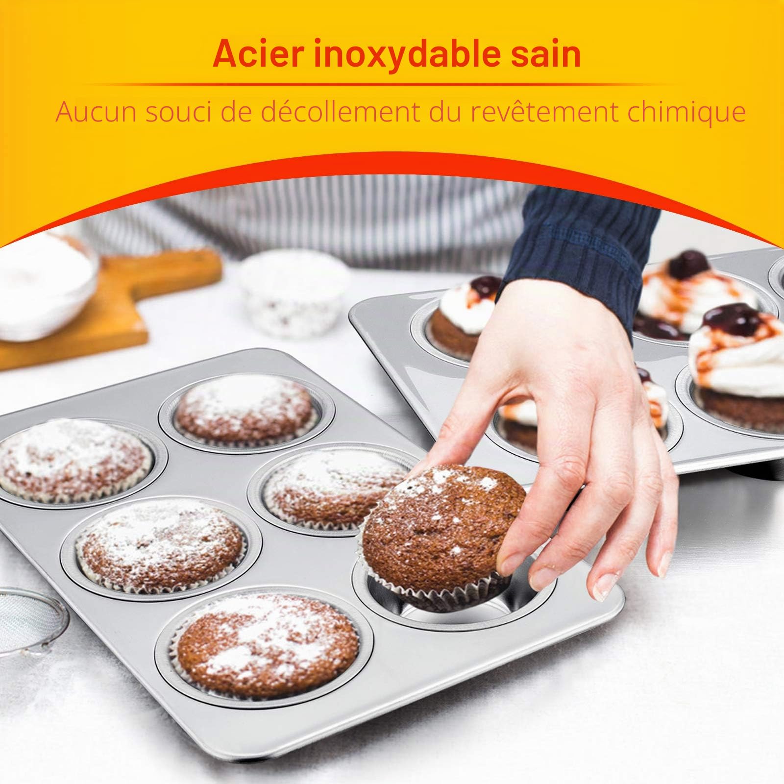 Homikit Lot de 2 moules à muffins en acier inoxydable pour 6 muffins, cupcakes, puddings, brownies, 29 × 18 cm, non toxiques et sains, passent au lave-vaisselle