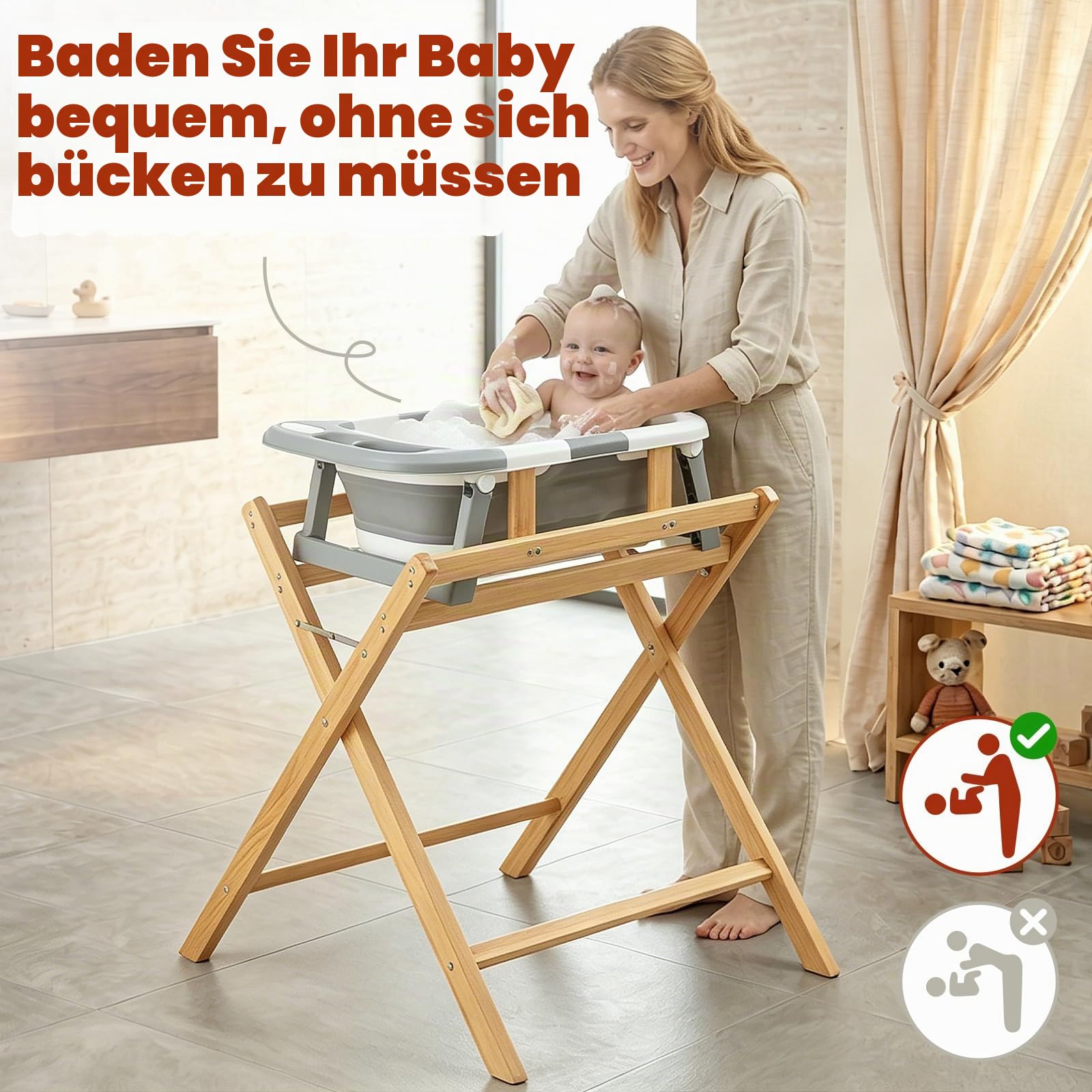 FUNLIO Baby-Badewannenständer, Massiver Holzsockel für Baby-Badewanne, Stehende Babybadewanne, Faltenbar & Einfach zu lagern