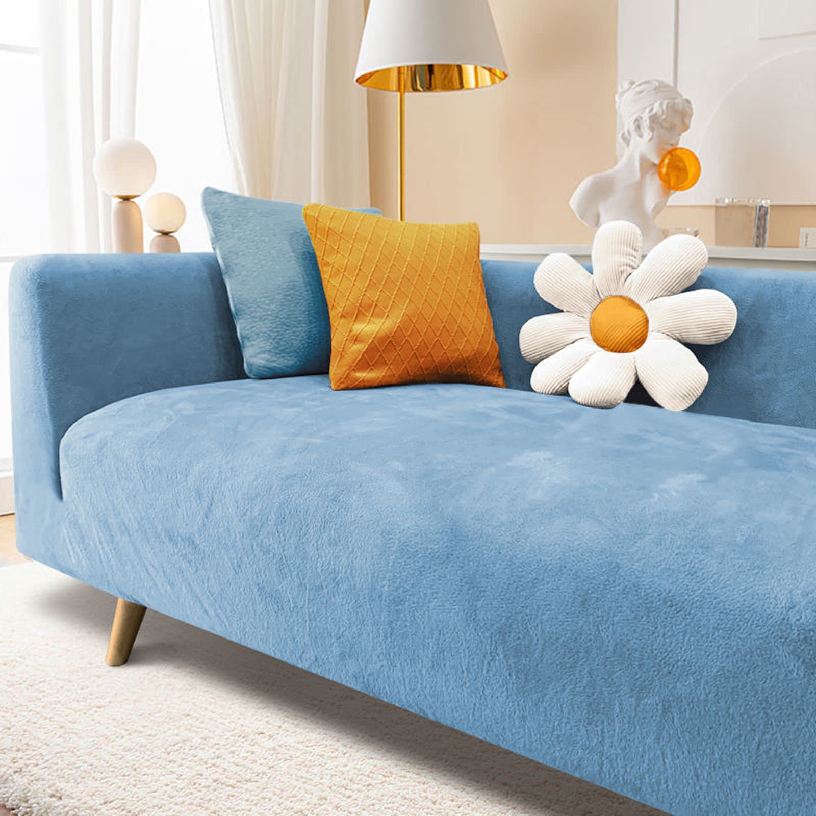 Velvet Sofa Slipcover High Stretch Plush Couch Covers Luxury Thick Soft Sofa Cover Washable Furniture Protector,Couch Covers For Dogs,Pets,Kids,Blue,3-Seater(190-230cm/75-91inch)