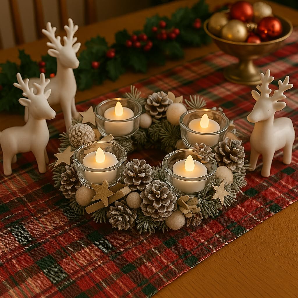 Frosted Festive Candleholder Centrepiece with 4 LED Candles - White Round Frosted Christmas Xmas Tealight Holder Table Decoration with Twig Base, Pinecones, Faux Spruce, Stars & Baubles - H9 x 30cm