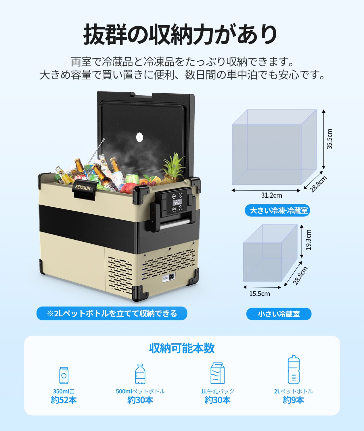 Amazon.co.jp: EENOUR 車載冷蔵庫 S42 42L -20℃～10℃ 急速冷凍 2室独立  