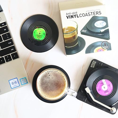 Miniatura 10 de Divertidos posavasos retro para bebidas con soporte para reproductor de vinilo para amantes de la música, juego de 6 posavasos de conversación con
