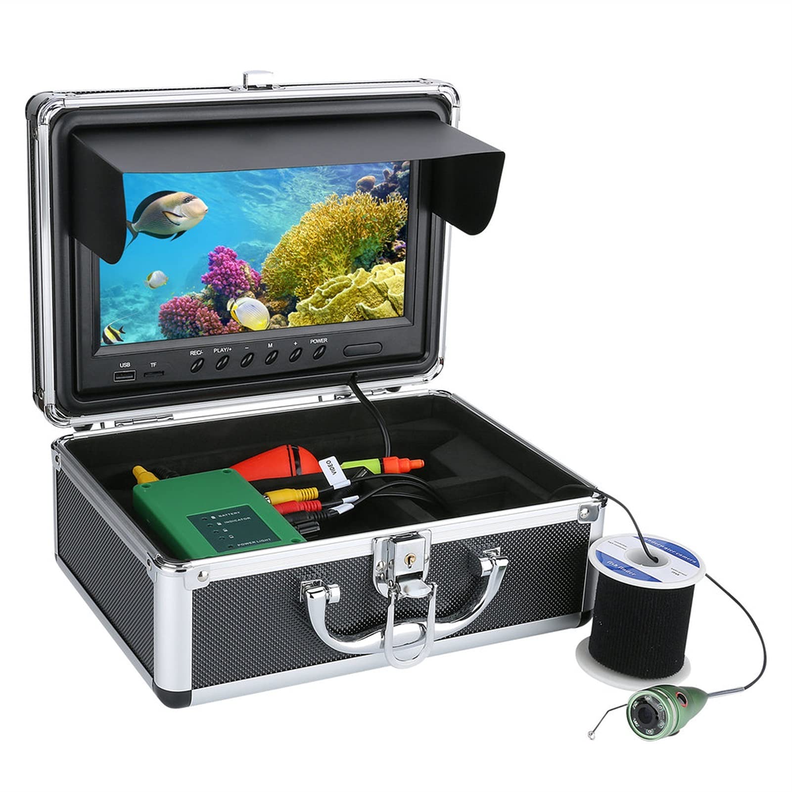 Cámara de Pesca, 9 pulgadas DVR Cámara de video de pesca bajo el agua 100 0TVL Localizador de peces HD Cámara de pesca impermeable de la grabadora con 6pcs. 1W IR LED ,Cámara de pesca submarina(White