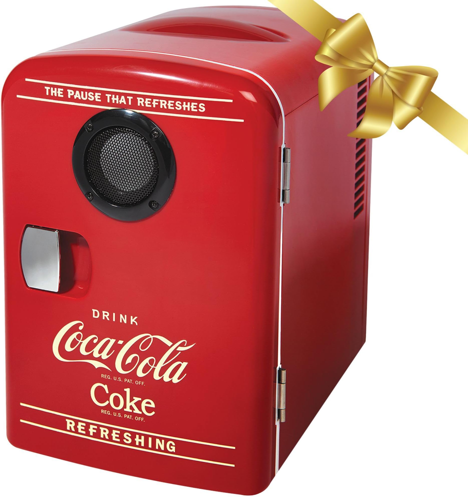 Coca Cola Mini Fridge - Refrigerator for Bedroom Skincare Office, Portable Table Top Beverage Cooler 12V DC/220V AC Refrigerador For Drink, Soda, Wine, Use In Car, Dorm, Patio, Bluetooth, 6 Can