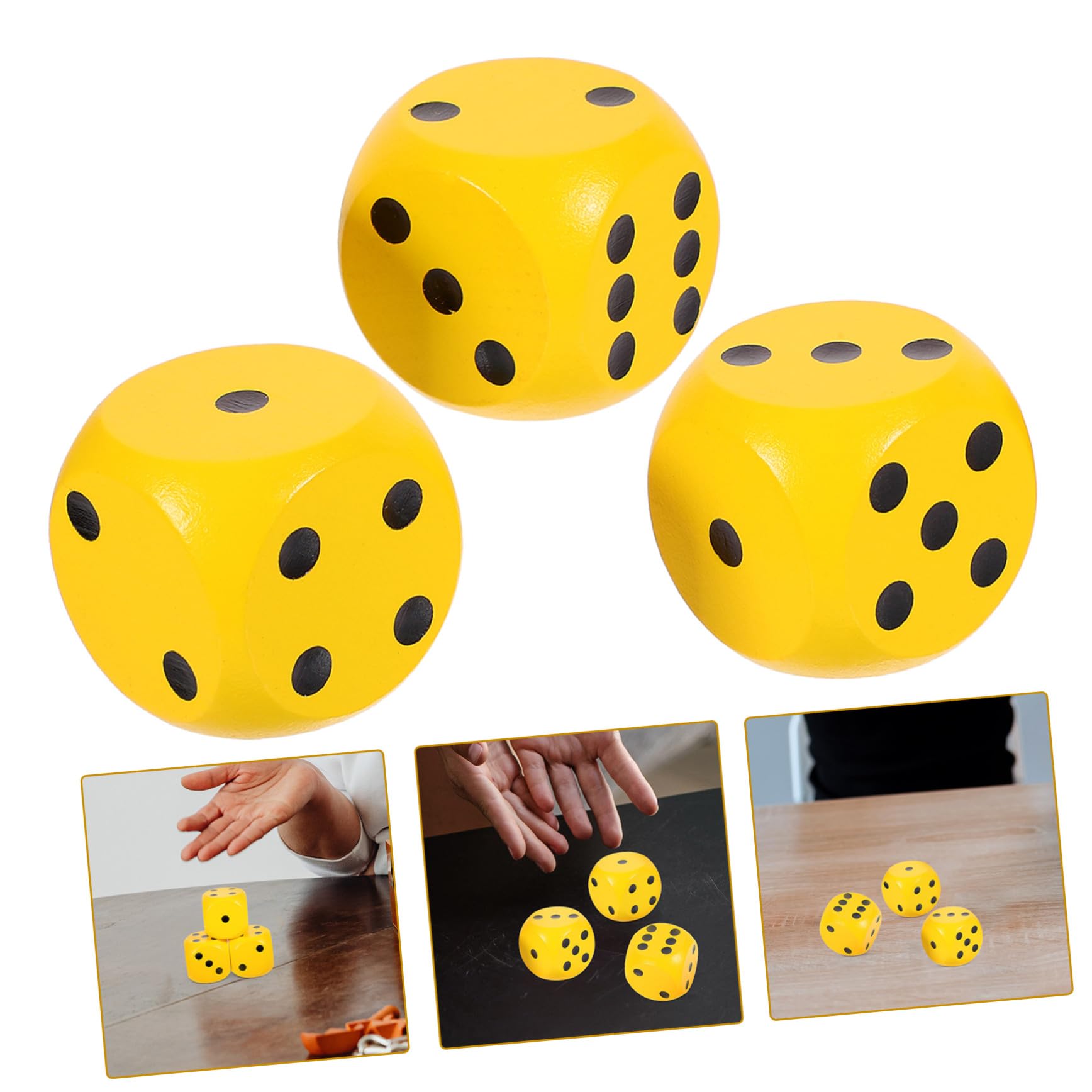 FRCOLOR 3 Dés en Bois Naturel 3pcs, Légers et Portables, 4 Cm Points Arrondis Jaunes pour Jeux de Table et Fêtes Amusantes