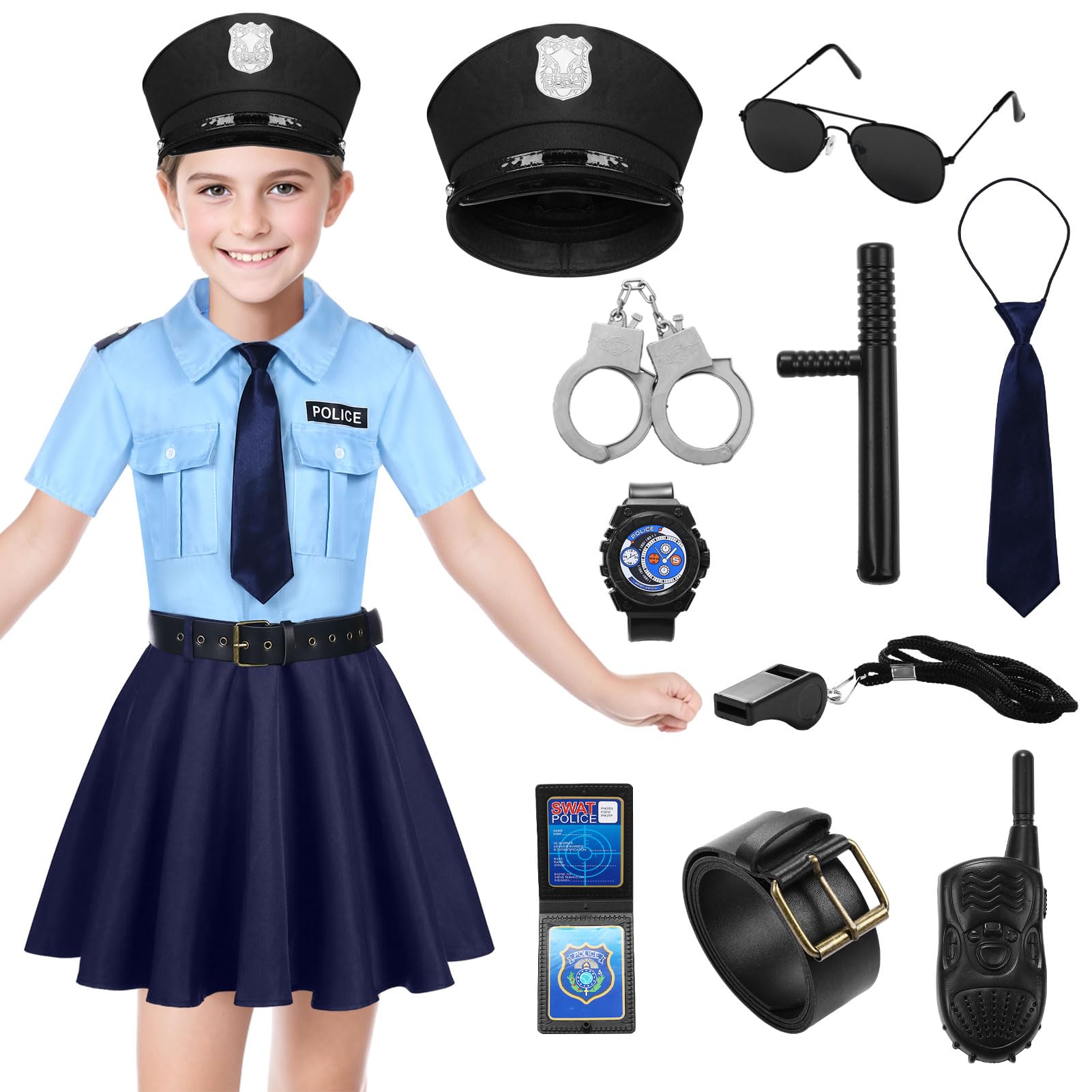 Raveparty Police Costume Kids, Children Police Costume with Policeman Costume Hat Walkie-Talkie Whistle Handcuffs Sunglasses Baton for Boys Girls Cosplay Birthday Police Theme Party
