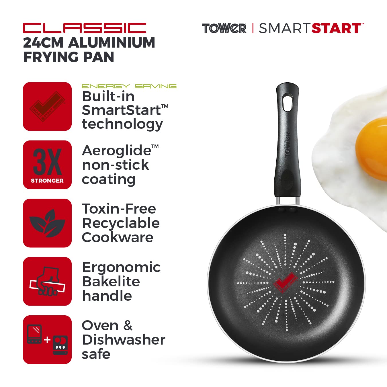 Tower T700300 SmartStart Classic 24cm Aluminium Frying Pan with Easy Clean Aeroglide Non-Stick, Oven Safe, Long Lasting - Image 2