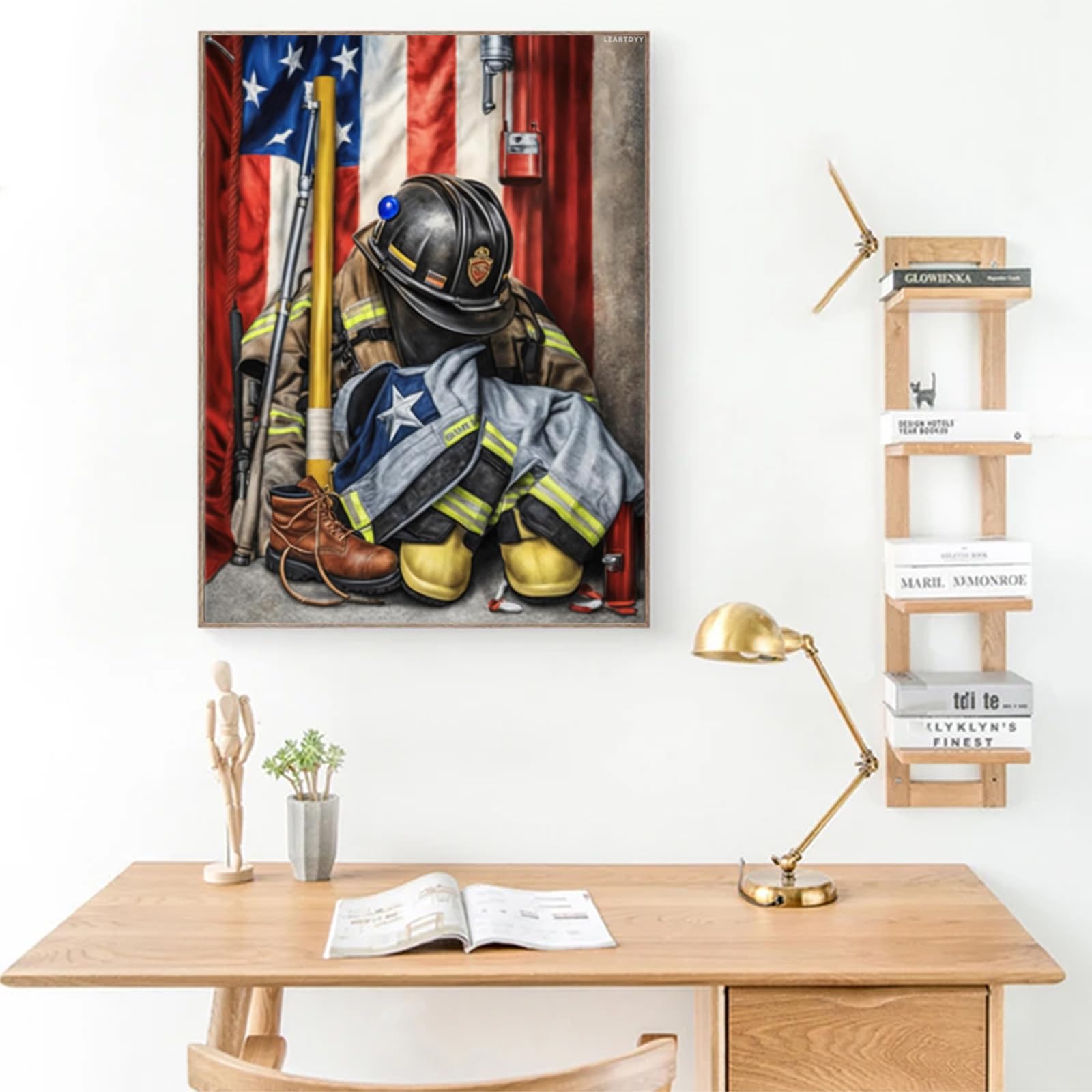 World Heroes Diamond Painting Kit - American Flag Fireman's Gear 5D Crystal Rhinestone Art 8x12 Inch
