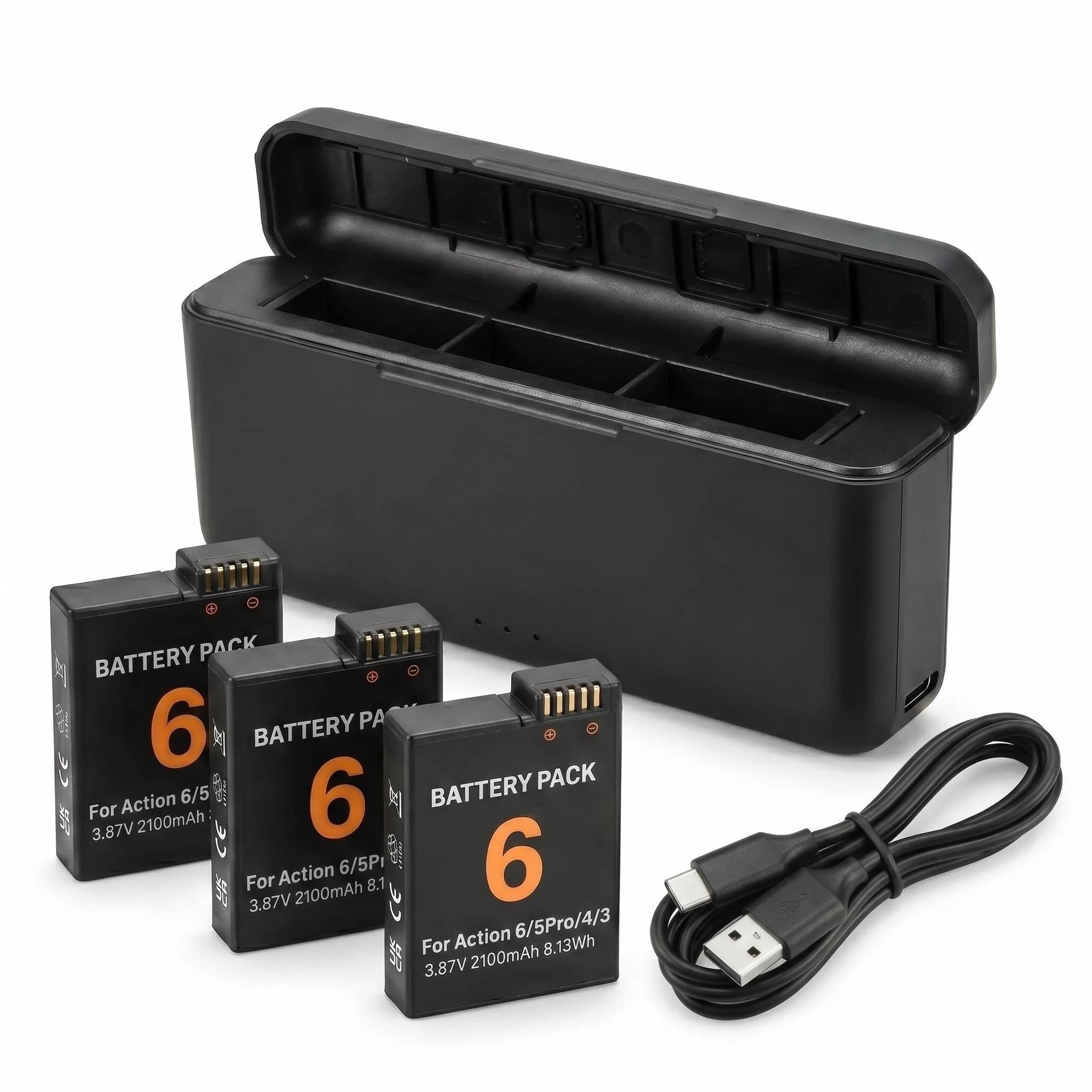 3er-Pack Akku-Pack mit 3-Fach-Ladegerät für DJI Osmo Action 6/5 Pro/4/3 und Osmo 360 3,87 V 2100 mAh Wiederaufladbare Li-Ion Ersatzakku für Action-Kamera