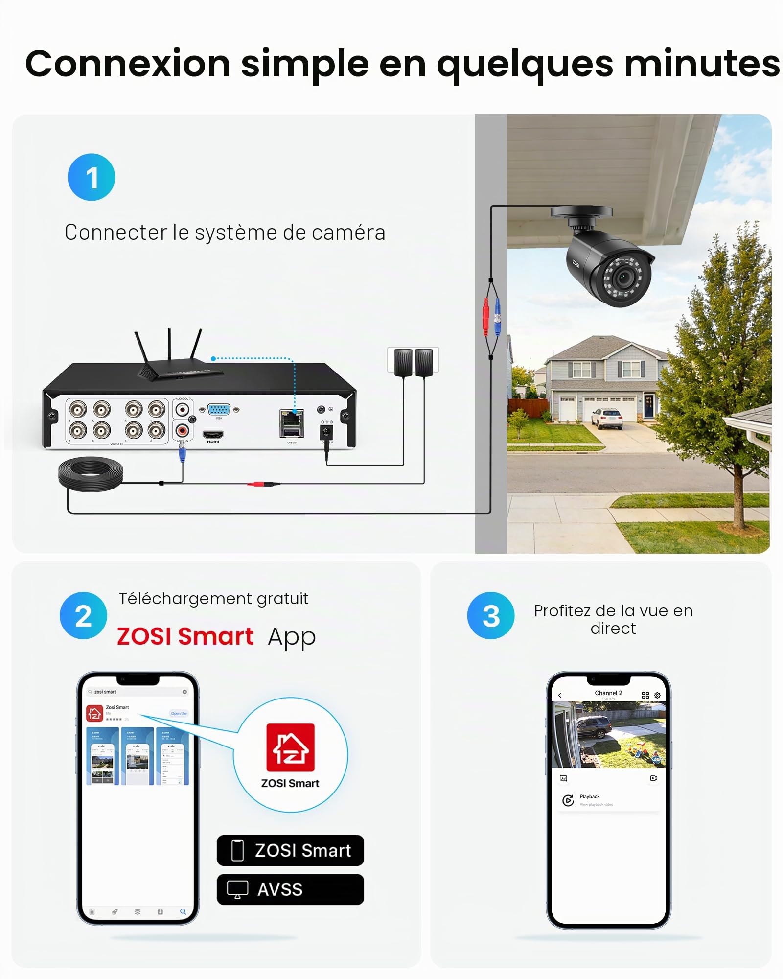 ZOSI H.265+ Kit Caméra Surveillance Extérieure 1080p IP66 DVR 8CH 2To