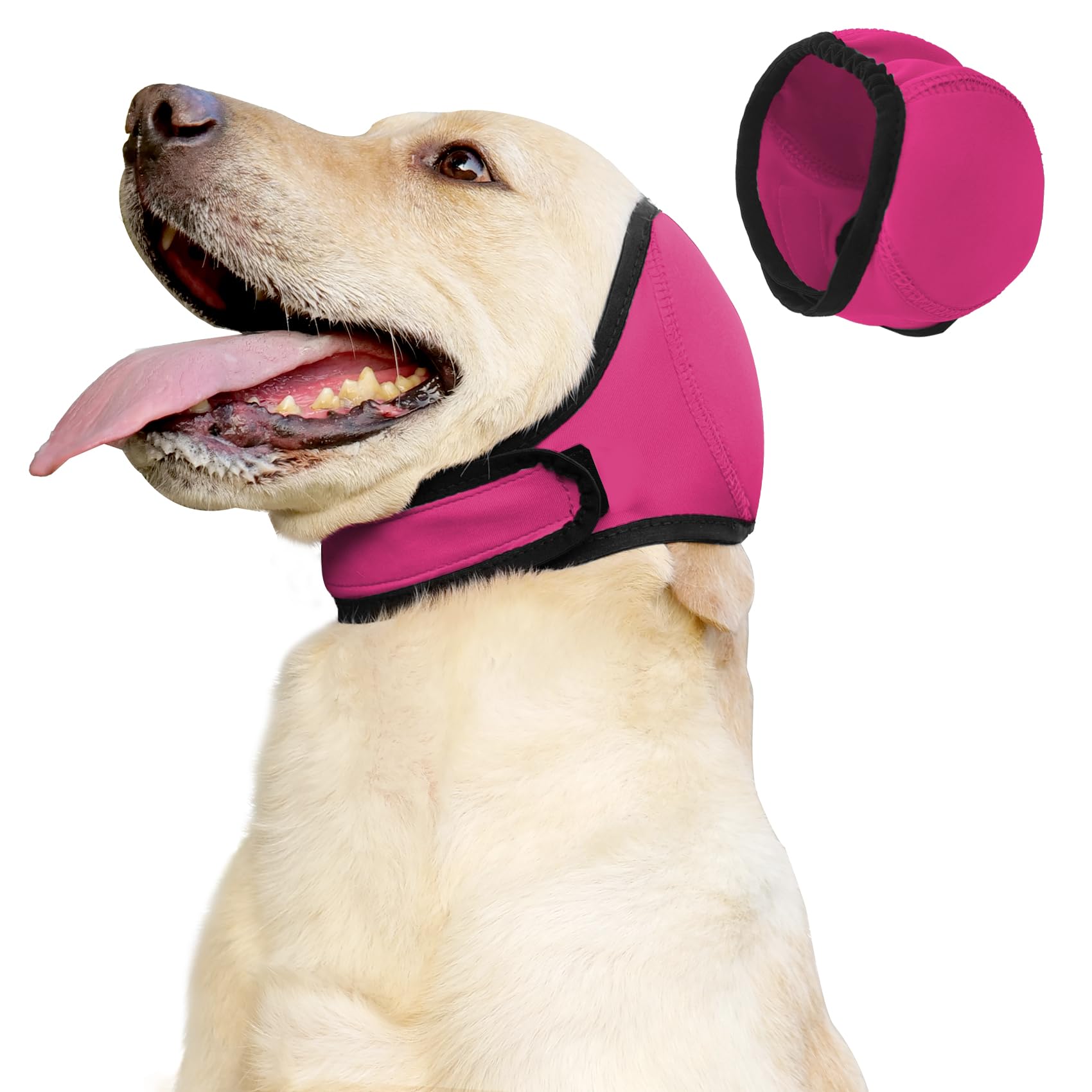Meifsou Dog Head Wrap - Quiet Ears for Anxiety, Waterproof Dog Calming Hood, No Shake Ear Cover Snoods for Thunder, Lightning, Fireworks, Vet Visits, Polyester and SBR Diving Fabric, Rose Red L
